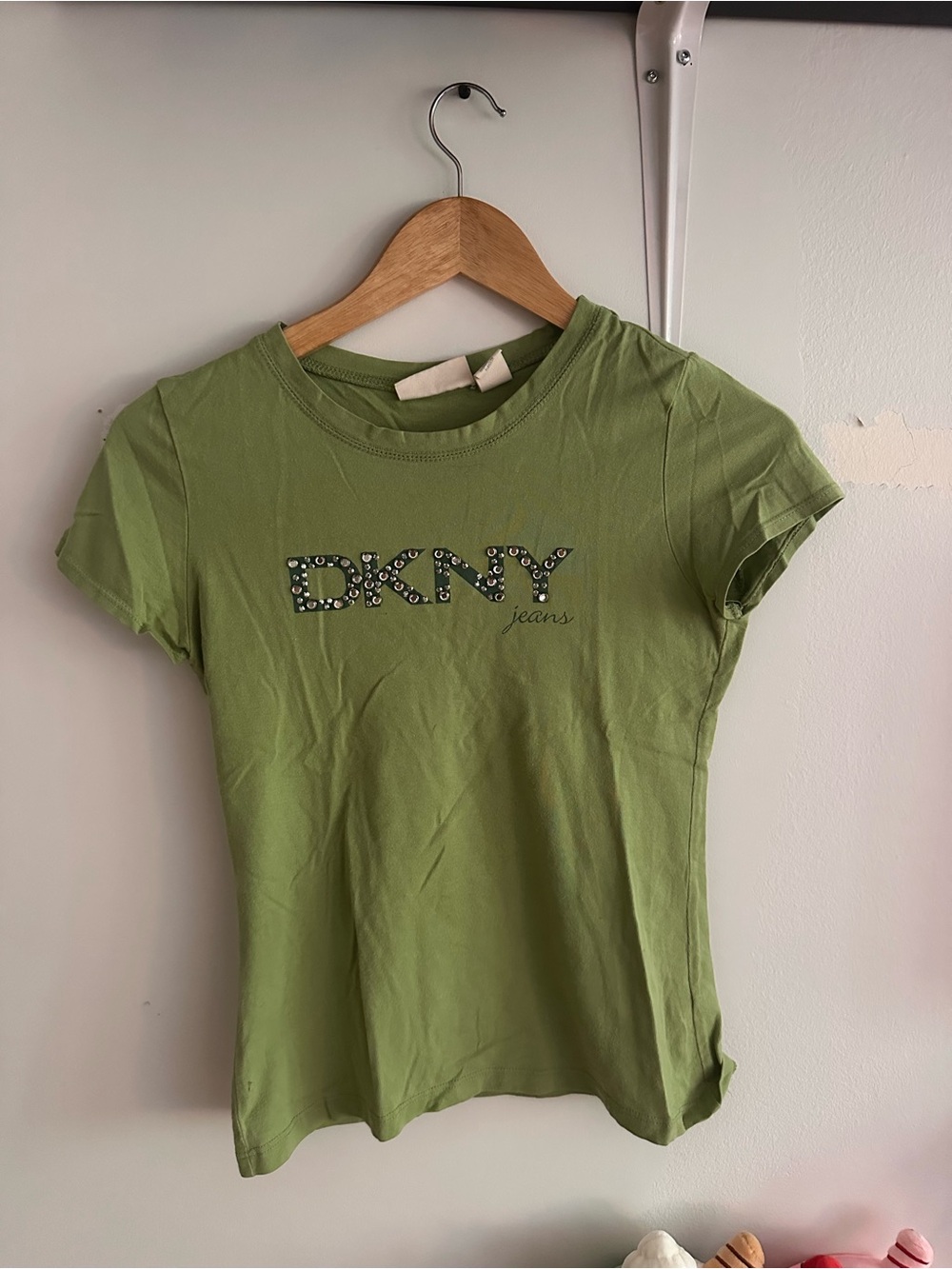 Dkny Olive Green Short Sleeve Logo Tee with Rhinestones